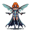 Pixie woman with fiery orange hair, wielding two uzis, wearing a shimmering, patterned dress and iridescent cyan and teal insect-like wings.