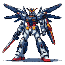 A Gundam-style robot with blue, white, and red armor, holding a glowing red sword in its left hand and a pistol in its right, with wing-like structures on its back.