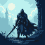 Armored figure with sword, cloaked, silhouetted against a pale sky with distant structures.