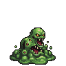 Grotesque amorphous green slime monster with multiple gaping mouths, glowing red eyes, bubbling viscous mass, dark decaying patches, and unsettling eye-like growths.
