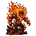 A fearsome fire elemental with a crest of intense flames, glowing eyes, and a body of turbulent orange and red pixels with bright sparks. Its lower half is cracked, molten rock.
