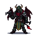 Demon hunter with glowing yellow eyes, dark tattered armor, a green hooded cloak, bat-like wings, holding a pistol and a blood-red bladed weapon.