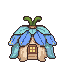 A pixie house shaped like a flower with blue petal roof, nestled in a green landscape.