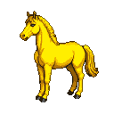 Vibrant yellow horse in side profile, head turned left, with flowing mane and tail.