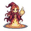 Fire mage with auburn hair and red robe conjures a glowing orb within a pixelated summoning circle.