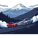 Fuji Drift: Red & Silver Cars Speeding at Twilight