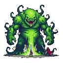 A colossal green slime monster with swirling tendrils and a gaping, toothy maw towers over a silhouetted knight holding a raised sword.