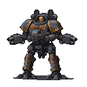 A hulking, armored figure with dark power armor and gold trim, holding blocky weaponry.