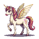 Pearlescent white pixie horse with pink and gold mane and tail, feathered wings, and a spiraling horn, standing with one foreleg lifted against a transparent background.
