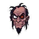 A gaunt, grim face with furrowed brow, one white eye and one fiery orange-red eye, and a pointed goatee.