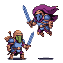 A swordsman in blue armor with a green visor is grounded, holding his sword ready. An airborne warrior in purple and blue armor with a purple cape leaps above, sword raised to strike.