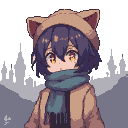 Child with glowing yellow cat-like eyes, wearing a cat-eared hat, short coat, and teal scarf with tassels. Foggy tower landscape background.