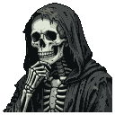 Skeletal figure in dark cloak rests bony fingers on jawbone, contemplating.