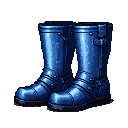 Knee-high, metallic blue boots with visible seams and buckles on a black background.