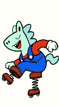Light blue horse-like character in red overalls and shirt, grinning joyfully, standing on a wheeled spring base.