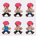 Character with pink hair, brown hoodie, and blue jeans running in a dynamic animation.