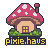 Whimsical mushroom house with a red spotted cap and glowing yellow window, set against green pixelated foliage. "pixie.haus" text in yellow pixel font below.