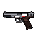 A silver handgun with a dark brown grip and a red accent on the slide, presented against a black background.