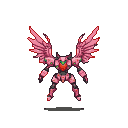 Pink strawberry mech with large feathered wings, red core, and green leafy accents, standing upright.