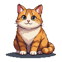 A plump ginger and white tabby cat with large green eyes sits against a black background.