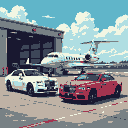 Two luxury sedans, one white and one red, are parked on an asphalt tarmac in front of a private jet. The scene evokes aspirational wealth and sophisticated leisure.