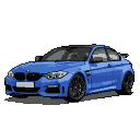 Vibrant blue BMW M4, angled front-three-quarter view, with aggressive grille, sharp headlights, aerodynamic lines, and dark wheels with red brake calipers, on a black background.