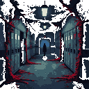 Abandoned 1960s Japanese school corridor with red parasitic tendrils and blood-red blossoms on lockers, a dark silhouette at the far end.