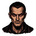 Stern, gaunt face with glowing crimson eyes, set against dark shadows. The subject wears a dark, textured garment.