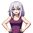 Anime girl with white hair, blue eyes, and red lips, hands on hips, wearing a purple tank top.
