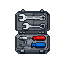 Open dark gray toolkit with silver wrenches, a red-handled screwdriver, and a blue-handled screwdriver.