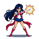 Sailor Mars unleashing a burst of fiery energy from her hand, her blue skirt and red-accented uniform detailed in sharp pixel art.