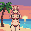 Young woman with pink hair and horns in a striped bikini on a tropical beach at sunset.