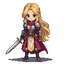 A warrior with golden hair, silver and brown armor, and a crimson cape stands ready with a sword.