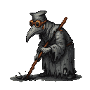 A plague doctor with a hooked beak and steampunk goggles, wearing tattered grey robes, plunges a wooden staff into muddy ground.