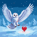 A snowy owl with outstretched wings hovers above a snowy landscape, its red eyes focused on a red heart on the ground. Red particles drift from the owl towards the heart.