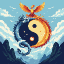 A pixel art phoenix in orange and yellow soars above intertwined blue and orange dragons forming a yin and yang symbol against a sky with pixel clouds and dark mountains.