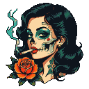 Pixel art woman with Day of the Dead skull face, teal smoke forming a skull, green eye, red heart, and an orange rose with green leaves.
