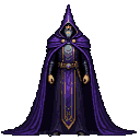 A robed figure in deep purple with gold trim stands centrally against a black background.