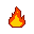 A pixelated flame with a yellow core, transitioning to orange and red tips, against a black background.