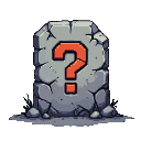 Weathered stone slab with a carved bright orange question mark.