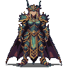 Dragon queen in dark teal and gold armor with purple cape and horned helmet.