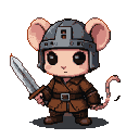 Anthropomorphic mouse warrior with chibi proportions, wearing a futuristic medieval helmet, leather tunic, belt, boots, and gloves, holding an oversized sword.