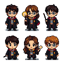 Six chibi-style characters in Gryffindor uniforms, each with large expressive eyes and dark robes with red and gold accents. Three characters in the top row have dark, spiky hair and hold wands. Three characters in the bottom row include one with long, flowing brown hair holding a wand aloft.
