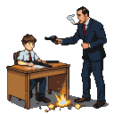A student in a white shirt and tie nervously clutches a rifle on a desk while a man in a suit with a cigarette and a revolver stands over him. Spent bullet casings and a small explosion are on the floor.