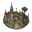A whimsical village with a tall tower, blue spire, colorful roofs, and arched doorways surrounded by greenery and winding paths.