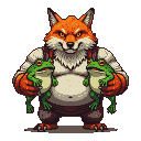 Pixel Art: fat game boss with fox head, holding frogs in both hands