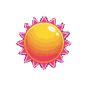 A stylized sun with a golden-orange core and sharp, neon-pink rays.