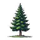 A solitary, pixelated green coniferous tree with a brown trunk on a black background.