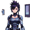 Stoic anime cyborg woman with a purple mohawk, wearing form-fitting cybernetic armor, gazes forward in a dimly lit, pixelated room.