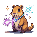 A capybara with a jewel-encrusted collar conjures beams of purple and cyan light from its paws and snout against a dark, star-speckled background.